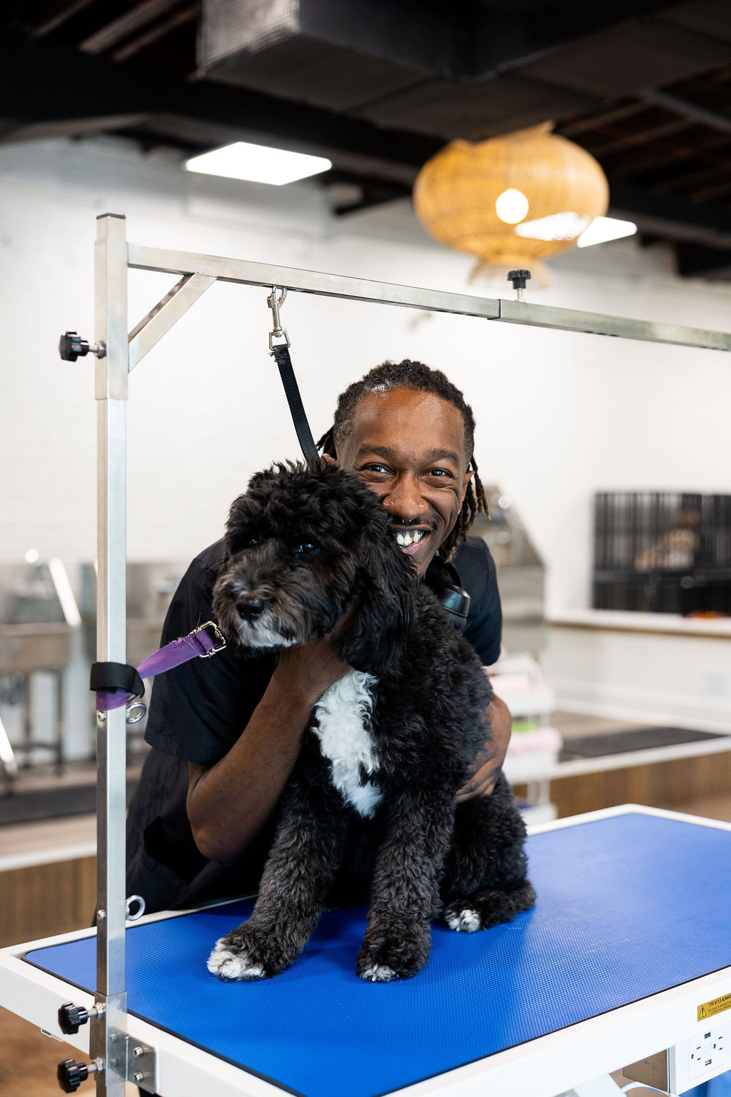 FreshCoat Grooming Lead Groomer FreshCoat Grooming Lead Groomer smiling with a freshly groomed black and white ShiPoo on a professional grooming table in Charlotte, NC